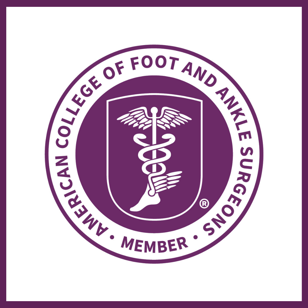 The purple and white logo of the American College of Foot and Ankle Surgeons features a caduceus with a foot inside a shield, surrounded by the organizations name and the word Member in a circular border.