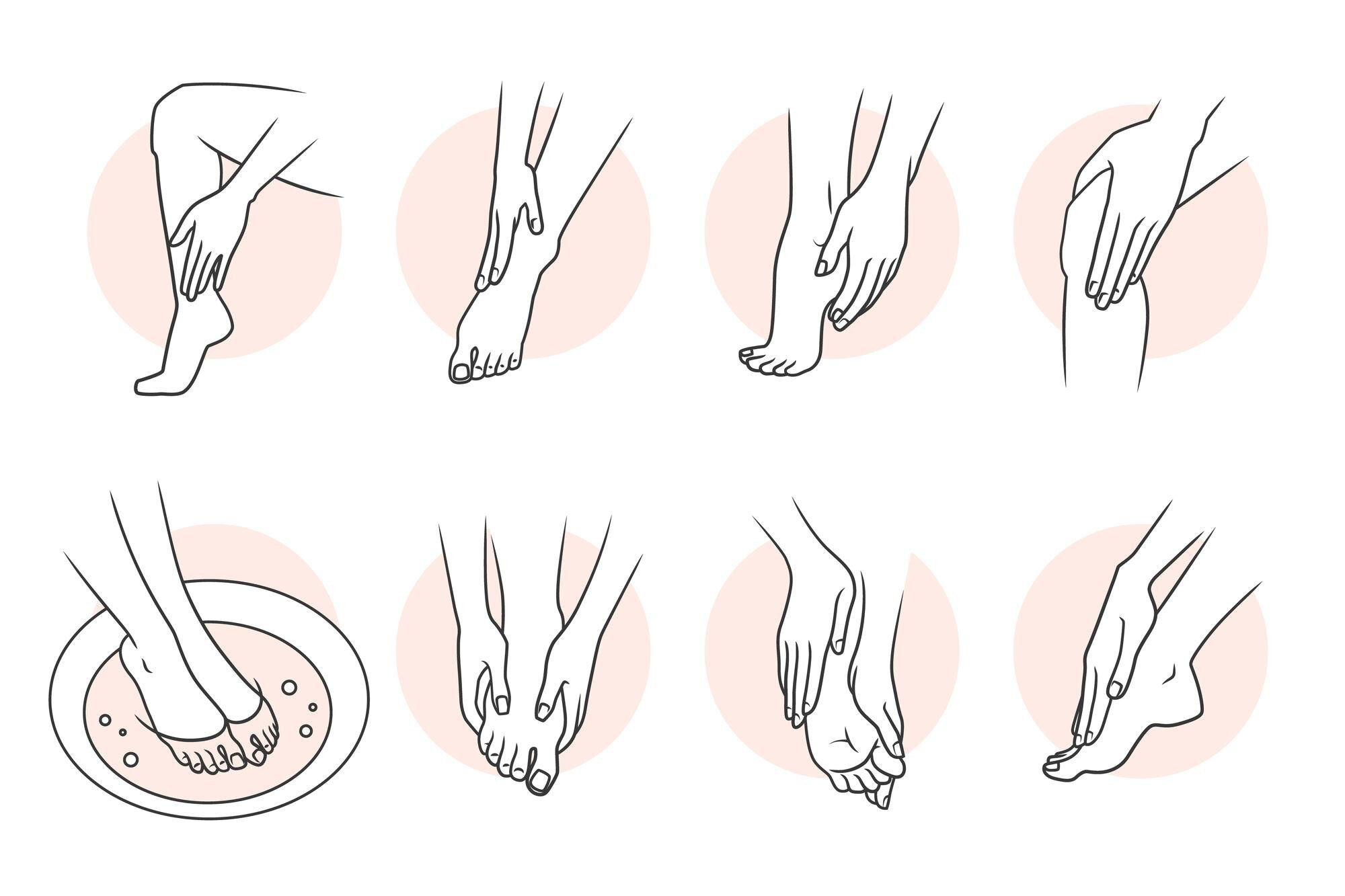 Line drawings showing a step-by-step foot care routine, including washing, massaging, moisturizing, and applying cream to different parts of the feet, with hands gently touching the feet in each step.