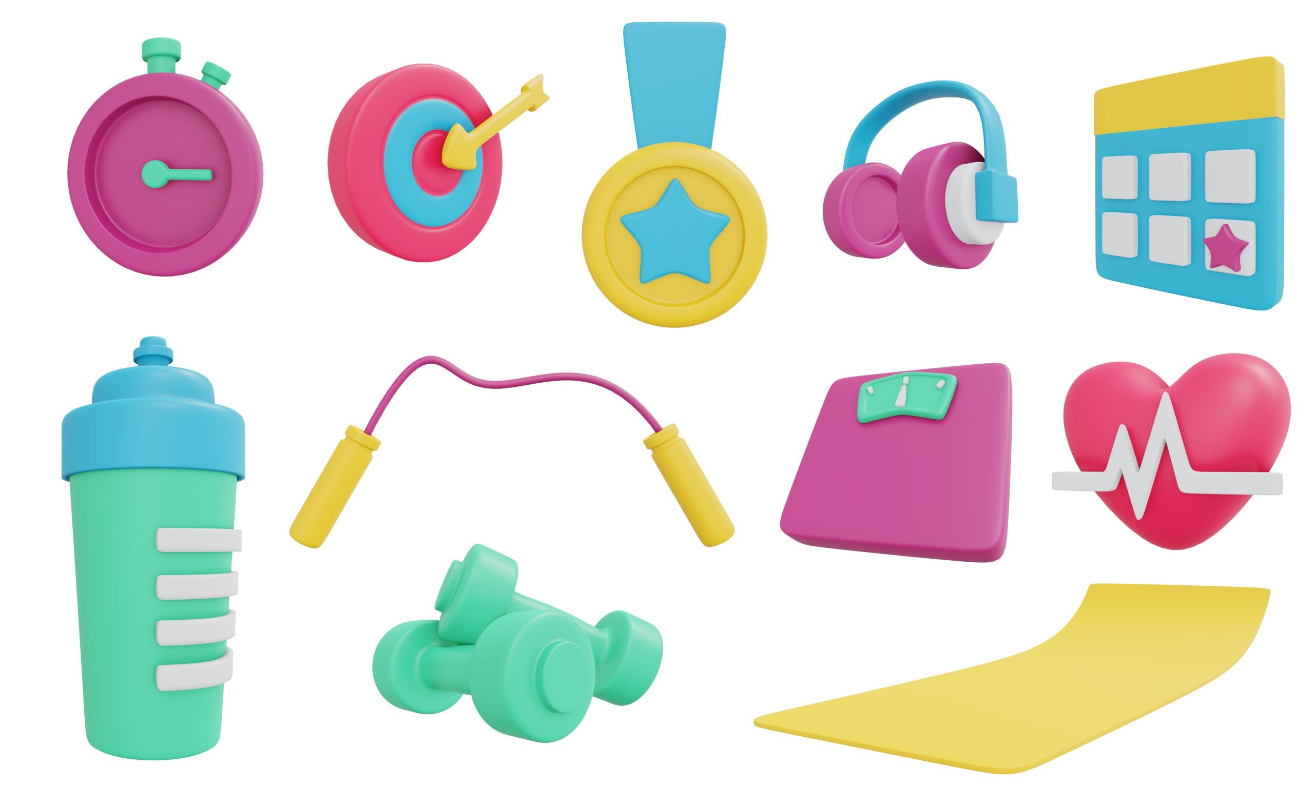 Colorful 3D fitness icons on a white background, including a stopwatch, dartboard with arrow, medal, headphones, calendar, water bottle, jump rope, dumbbells, scale, heart with heartbeat, and a yoga mat.