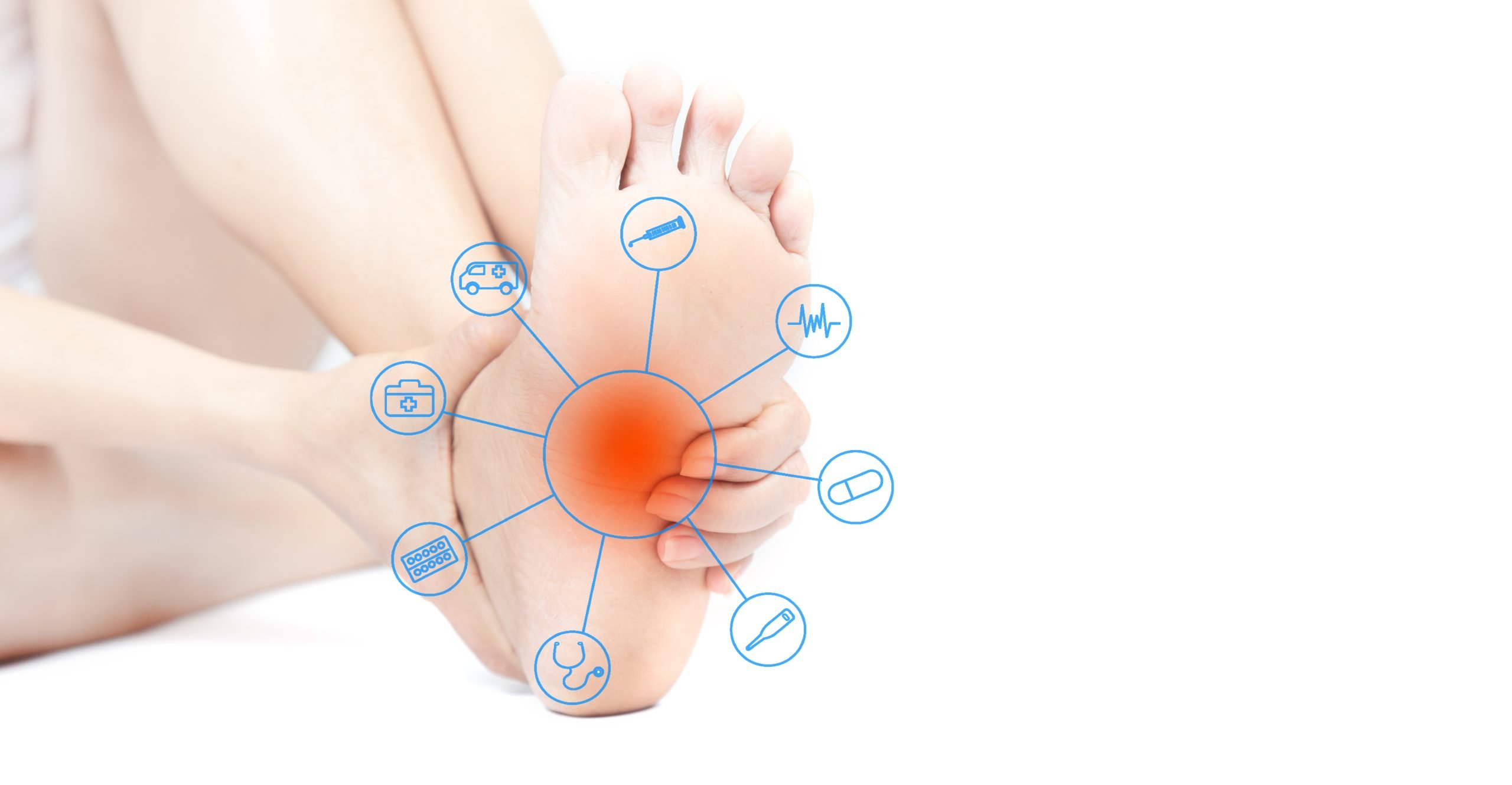A person holds their bare foot, which has a red sore spot on the sole. Medical icons surround the sore, suggesting pain, diagnosis, and treatment. The background is white and minimal.