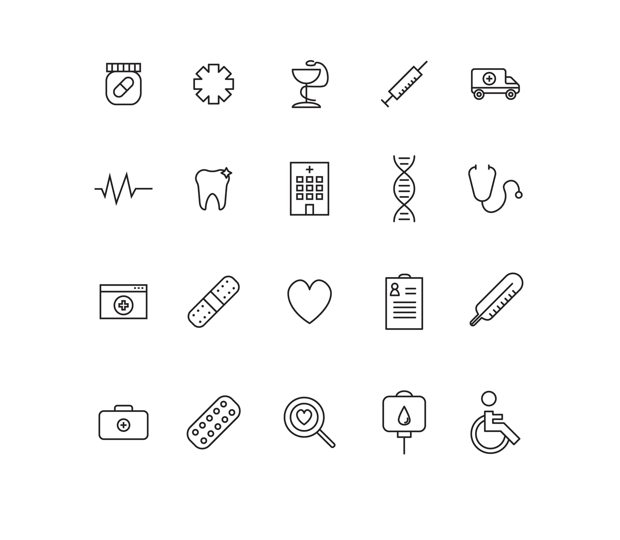 A set of 20 black outline medical icons on a white background, including a pill bottle, syringe, ambulance, hospital, DNA, stethoscope, tooth, heartbeat, thermometer, bandages, heart, clipboard, wheelchair, and more.