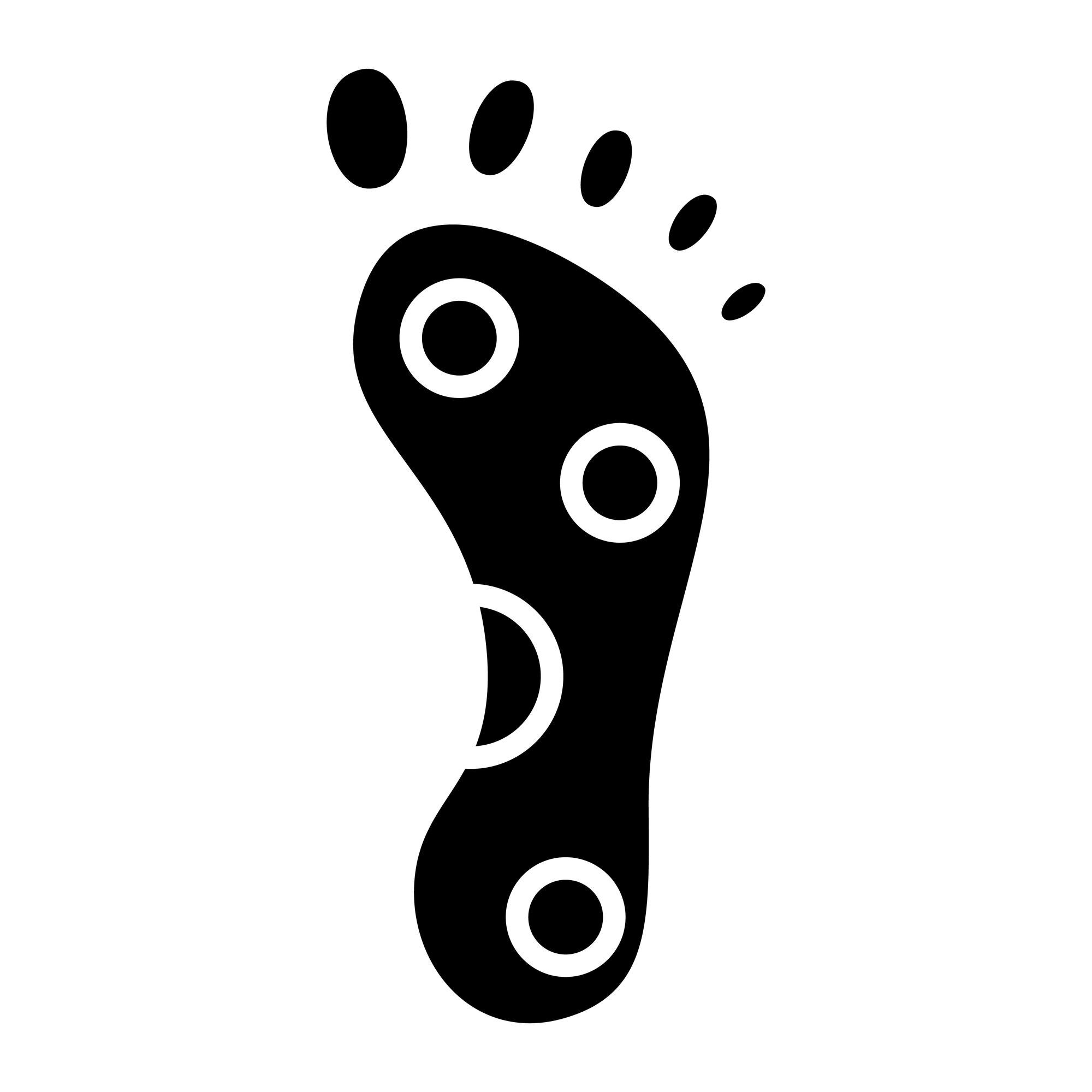 A black footprint with five toes, each depicted as an oval, and five circular spots along the sole, set against a white background.