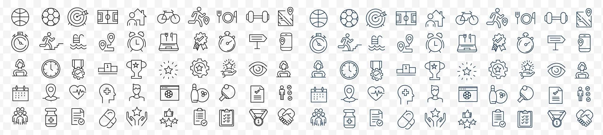 A set of thin, black outline sports and fitness icons on a transparent background, including symbols for cycling, swimming, trophies, stopwatches, dumbbells, running, nutrition, and more, arranged in several horizontal rows.