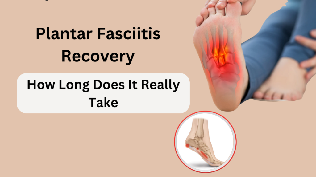 A person holding their foot with a highlighted red area on the heel, indicating pain. Text reads Plantar Fasciitis Recovery: How Long Does It Really Take with an anatomical foot diagram inset.