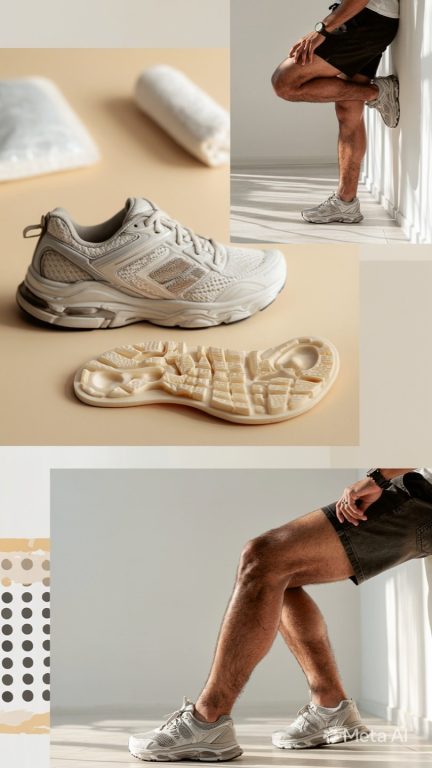 Collage of neutral-colored athletic sneakers, with close-ups showing shoe details, insoles, and a person wearing them with shorts, standing and leaning against a wall in sunlight.