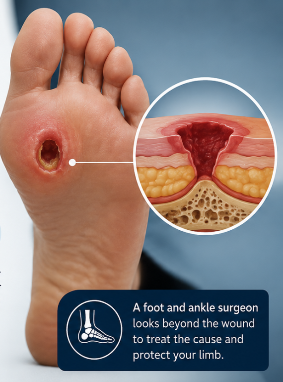 A close-up of a foot with a deep wound on the sole, alongside a cross-section illustration showing the wound’s depth through skin, fat, and muscle. Text highlights the importance of treating underlying causes.