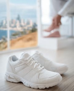A pair of white athletic sneakers is placed on a light wooden floor with a blurred city skyline and a person sitting by a window in the background.