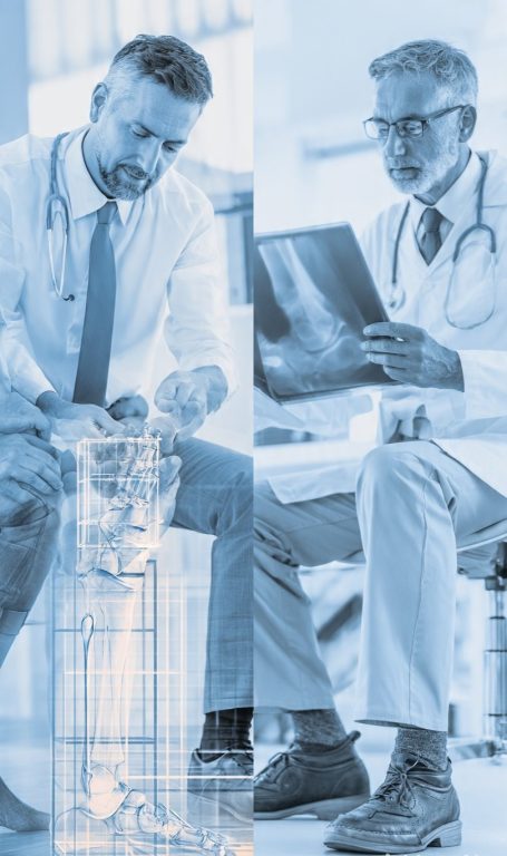 Two doctors in lab coats: one examines a patients injured leg with a digital bone overlay, while the other reviews an X-ray image. Both appear focused and professional.