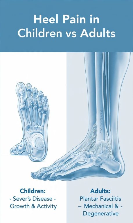 An illustration comparing heel pain in children (Sever’s disease) and adults (plantar fasciitis), showing skeletal feet with labeled causes: Growth & Activity for children and Mechanical & Degenerative for adults.