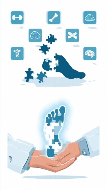 An illustration shows puzzle pieces forming a human foot, surrounded by medical and health icons. Below, two hands in lab coats gently support the assembled foot, symbolizing medical care and support.
