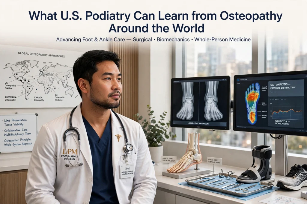 A podiatrist sits at a desk with foot X-rays, a model foot, and medical tools, with a screen displaying gait analysis and a world map showing osteopathy approaches. Text above discusses global osteopathy in podiatry.