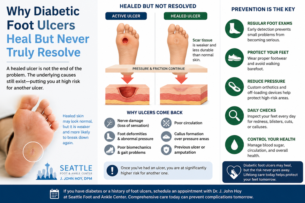 Infographic about diabetic foot ulcers, showing images of feet with healed and not fully healed ulcers, reasons why ulcers return, and prevention tips. Includes Seattle Foot & Ankle Center contact info.