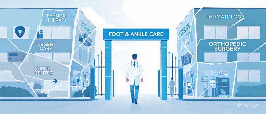 Illustration of a doctor walking toward a “Foot & Ankle Care” center, flanked by buildings labeled with medical services: Physical Therapy, Urgent Care, Wound Center, Dermatology, Orthopedic Surgery, and X-rays. Meta AI logo in the corner.