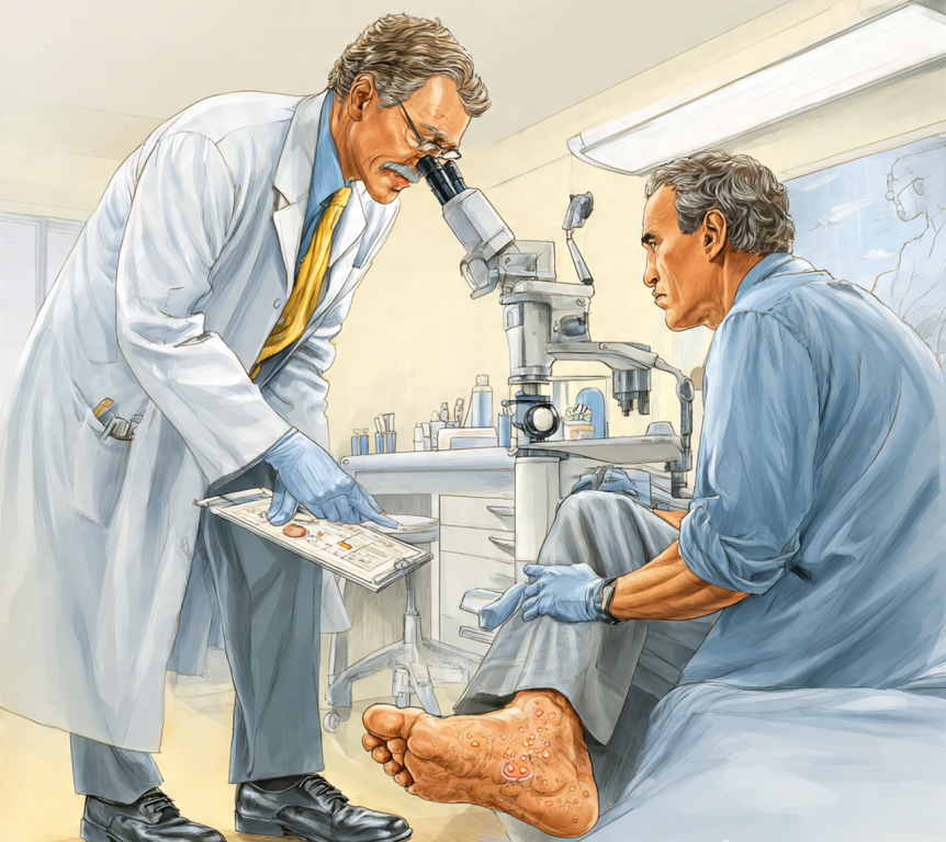 A doctor examines a patient’s foot with visible sores while using a microscope and holding a clipboard. The patient sits on an exam table, looking concerned. The setting is a bright, modern medical office.