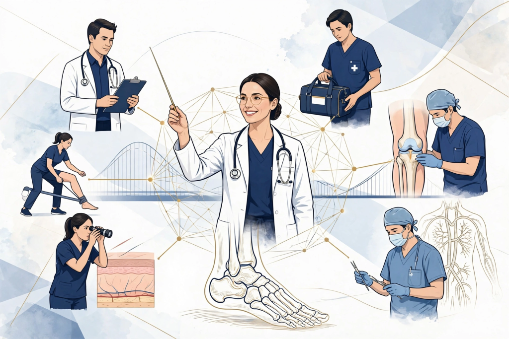 Illustration of medical professionals in various roles: a central female doctor points to diagrams, surrounded by nurses, a surgeon, a patient exercising, a first responder, an anatomical foot, knee, skin, blood vessels, and a network background.