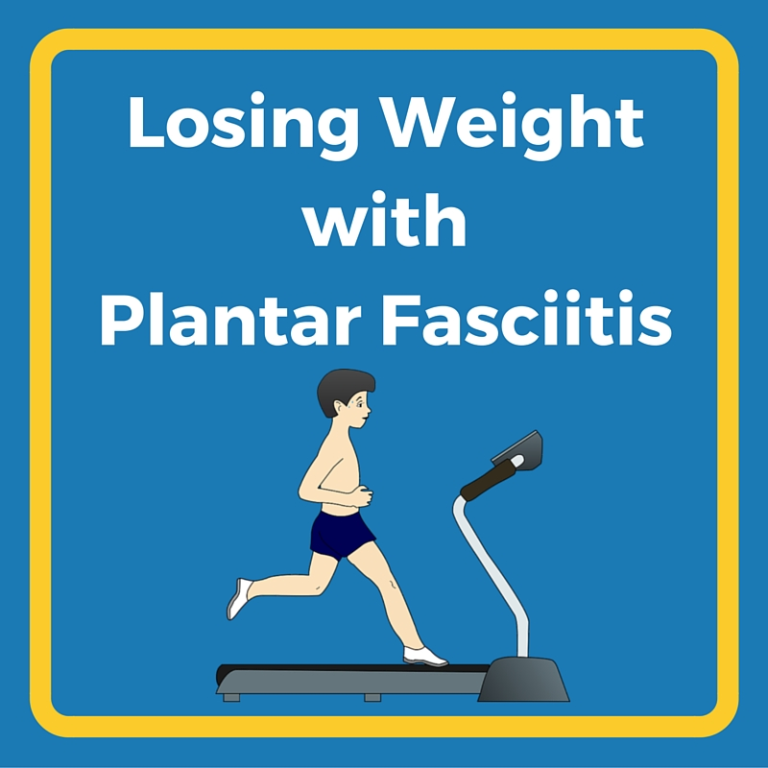 Illustration of a person running on a treadmill, with the text Losing Weight with Plantar Fasciitis on a blue background bordered by a yellow frame.