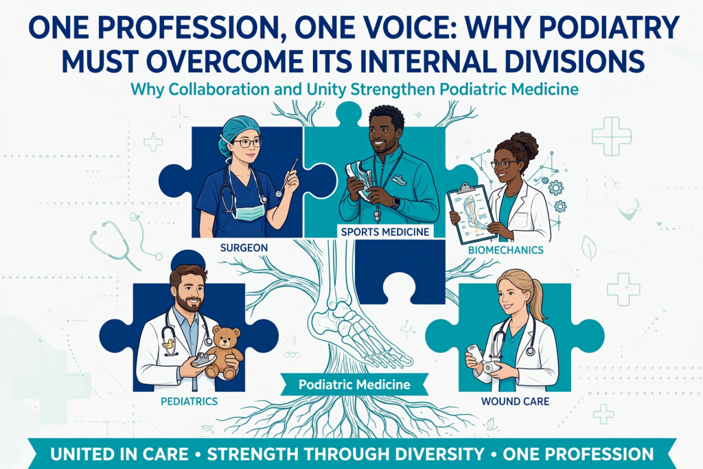 Illustration of five diverse podiatrists representing surgery, sports medicine, biomechanics, pediatrics, and wound care as puzzle pieces fitting together, with a tree in the background symbolizing unity in podiatric medicine.