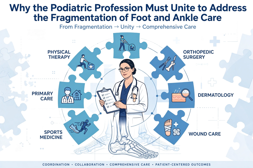 Illustration of a doctor surrounded by puzzle pieces labeled physical therapy, primary care, sports medicine, wound care, dermatology, and orthopedic surgery, representing unified foot and ankle care. Text emphasizes comprehensive, coordinated care.