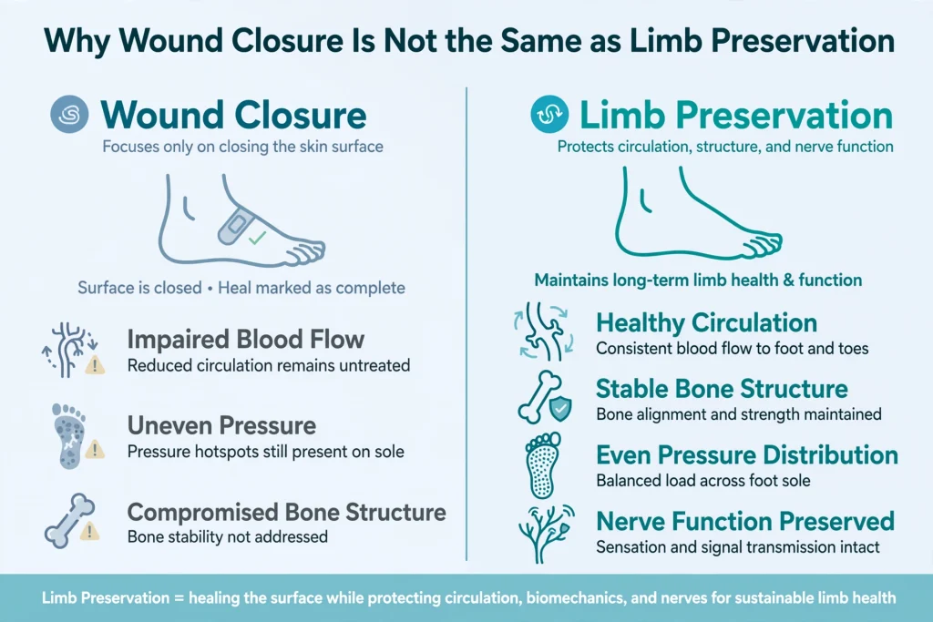 Infographic comparing wound closure—focusing on healing skin, with risks like poor blood flow—to limb preservation, which protects circulation, structure, and nerve function, supporting long-term healthy limb function.