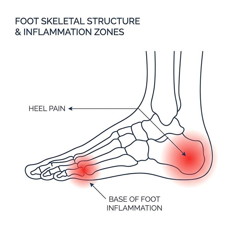 Outline of a human foot with red shaded areas highlighting heel pain and base of foot inflammation, labeled accordingly, showing skeletal structure and inflammation zones.