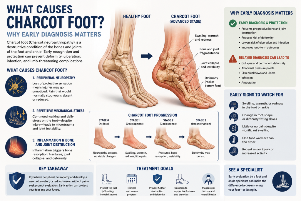 Infographic explaining Charcot foot: causes, symptoms, progression, treatment goals, early diagnosis importance, and signs to watch for, with labeled healthy and advanced stage foot illustrations.