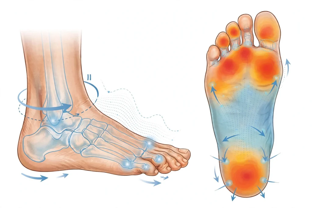 Medical illustration of a foot showing bones and movement on the left, and a heatmap of pressure points on the sole of the foot on the right, with red indicating high pressure and blue indicating low pressure.