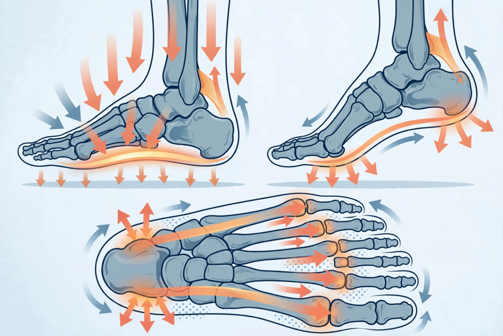 Diagram showing foot bones with arrows illustrating pressure points and force distribution on flat feet from side and top views.