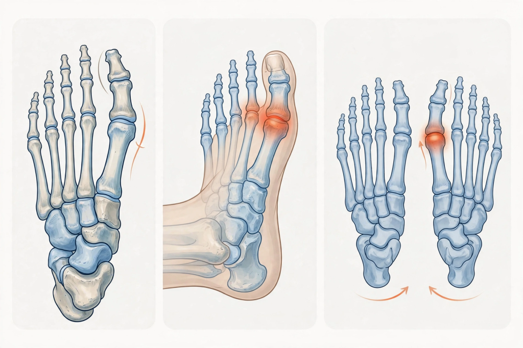 Three medical illustrations of foot bones, highlighting areas of inflammation in red at the big toe joint and second toe joint, with arrows indicating movement or pressure direction.