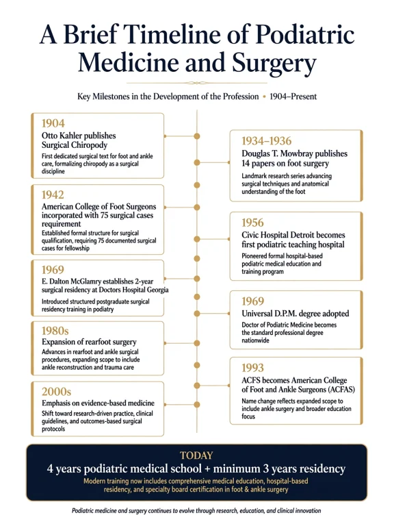 A timeline highlighting major milestones in podiatric medicine and surgery from 1904 to today, with text boxes detailing key developments, set against a dark-bordered background.
