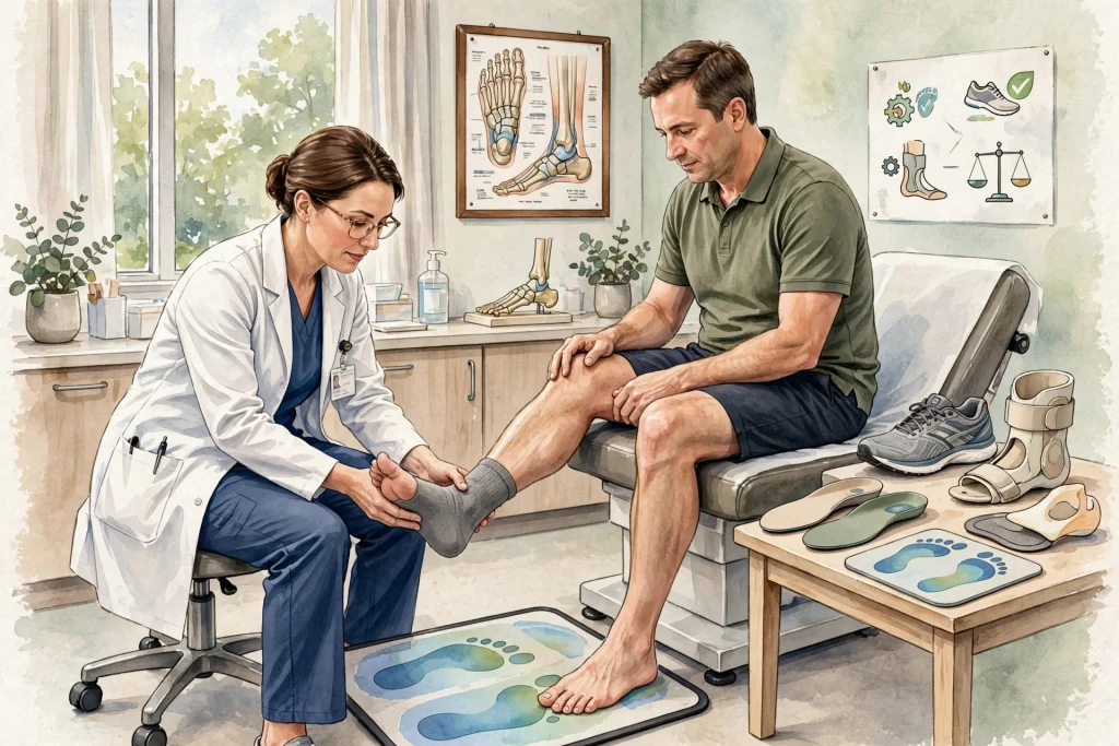 A doctor examines a mans foot in a clinic. The man sits on an exam table, wearing one shoe and one gray sock. Medical posters, foot supports, and orthopedic items are visible in the background.