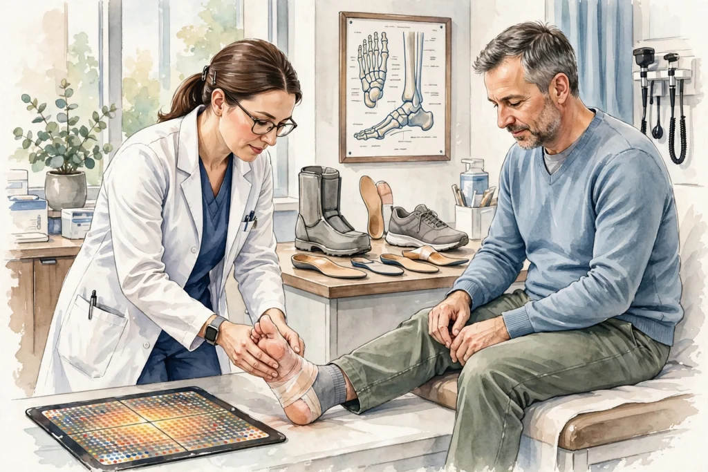 A female doctor wraps a bandage around a mans foot in a medical office. Shoe insoles and boots are on a counter, and a foot anatomy chart is on the wall. The man sits on an exam table, looking at his foot.