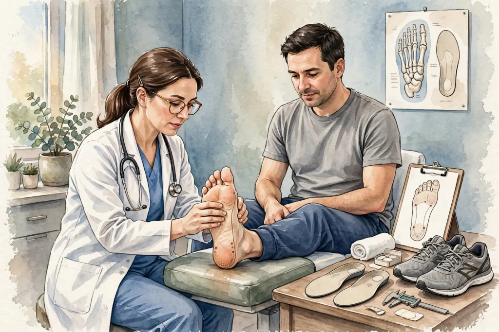 A doctor examines a mans foot in a clinic. Shoe insoles, a clipboard, and running shoes are on the table. Foot diagrams are on the wall, and medical tools are nearby. Both people appear focused.