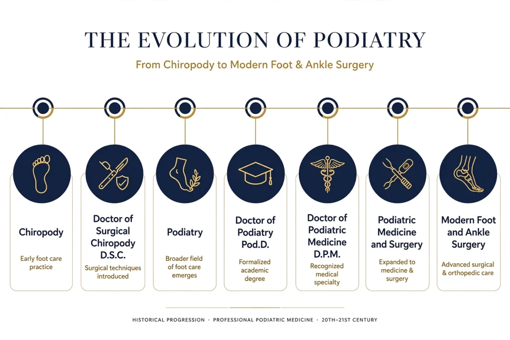 Timeline showing the evolution of podiatry, from chiropody to modern foot and ankle surgery, with icons and brief descriptions for each stage, highlighting key developments in the field.