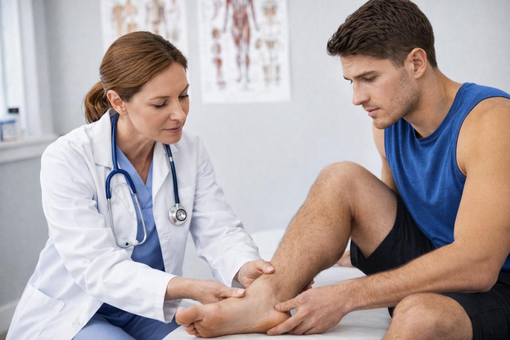 A doctor examines a mans ankle in a medical office. The man looks concerned while sitting on an exam table. Anatomical posters are visible in the background.