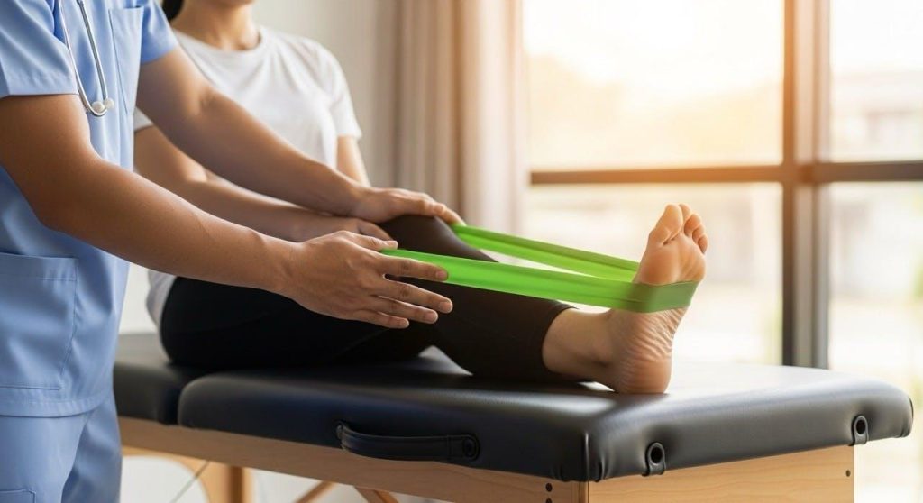 A physical therapist assists a patient with ankle exercises using a green resistance band while seated on a treatment table in a bright room.