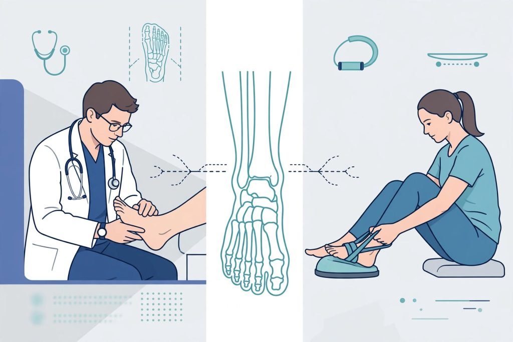 A doctor examines a patients foot on the left, while on the right, a woman uses a resistance band for a foot exercise. In the center, there is an illustration of a foot skeleton.